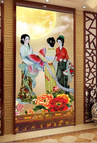 古代美女仕女图花开富贵图竖幅玄关装饰画