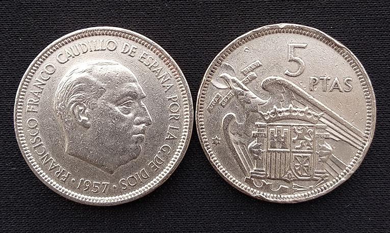 有磕碰 23mm 西班牙硬币 佛朗哥时代 5比塞塔镍币 年份随机