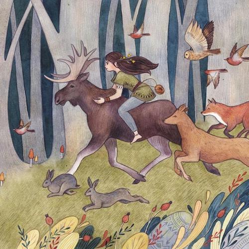 女孩与她的动物伙伴,俄罗斯插画师的水彩作品