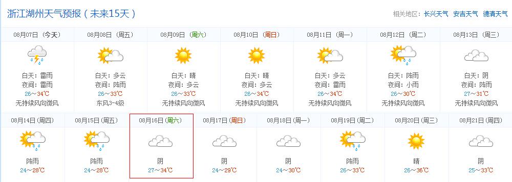 2014年8月16日浙江湖州天气预报