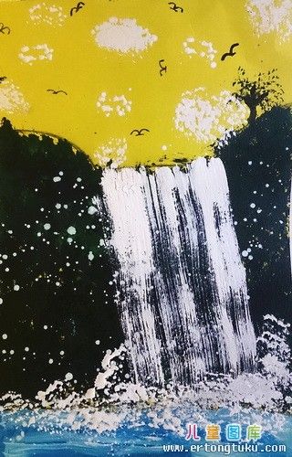 儿童水粉画优秀奖作品:瀑布,参赛年龄7岁