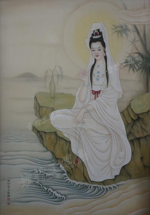 手绘国画工笔画观音,妙行居士作品