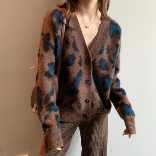 欧洲站2020秋冬新款韩版时髦豹纹羊毛开衫外套毛衣