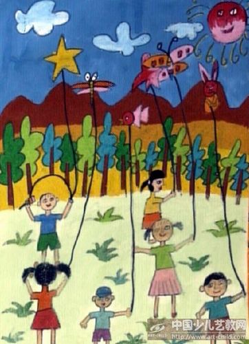 儿童画-放风筝-《少儿画苑》第09届国际少儿书画大赛获奖作品
