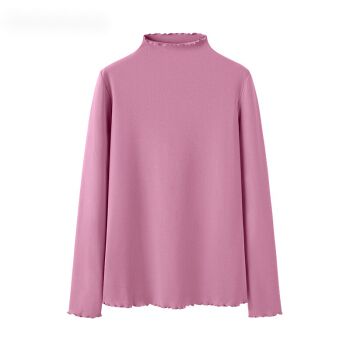 老潮儿 长袖t恤女2021秋新款半高领木耳边打底衫白色修身内搭上衣