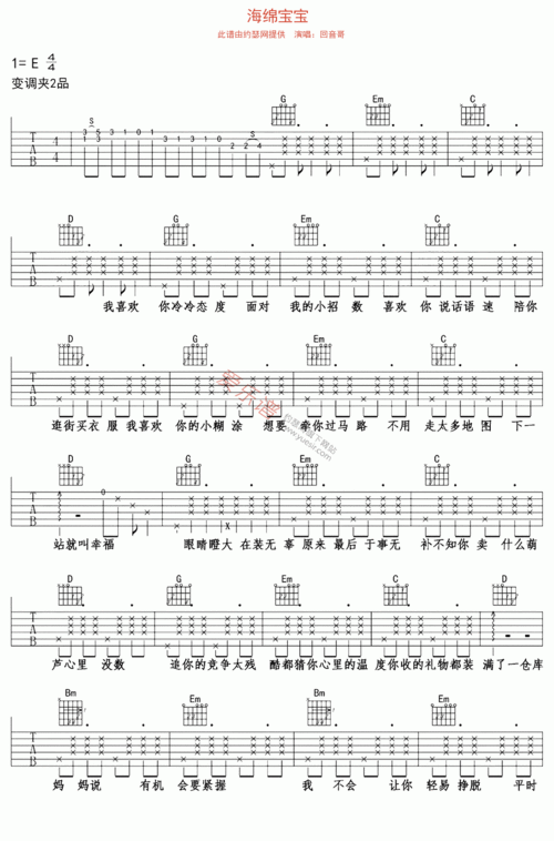海绵宝宝吉他谱回音哥高清六线谱图片谱