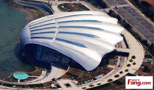 航拍青岛大贝壳,好像是青岛游泳馆吧!