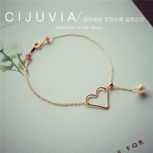 绮湘雨 日韩女镂空桃心爱心 粉红宝石珍珠可调节手链520礼物