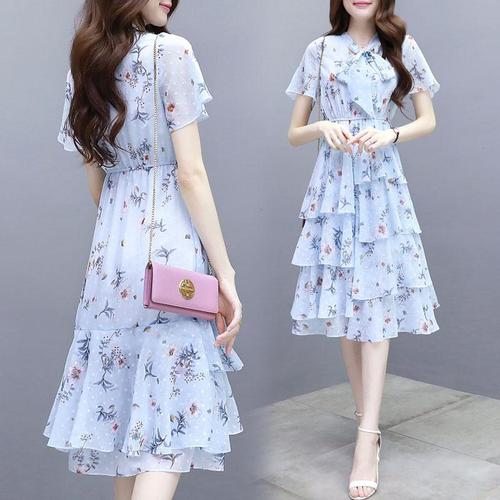 2020夏装韩版女装印花雪纺连衣裙中长款气质显瘦碎花蛋糕裙子