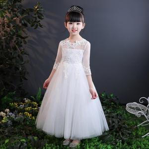 中大女童长裙秋儿童礼服白色公主裙粉主持人钢琴演出蕾丝蓬蓬纱裙