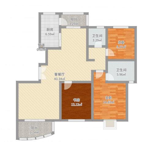 鸿运润园3室2厅2卫1厨131.00㎡户型图