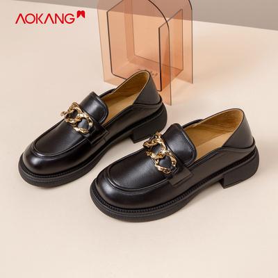 奥康女鞋2021冬季新款真皮小皮鞋女英伦加绒马衔扣一