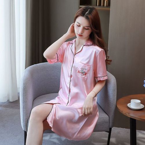 女士睡衣夏季仿真丝睡裙夏性感冰丝睡衣新款开衫f宽松