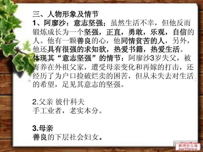 紧 三,人物形象及情节 1,阿廖沙:意志坚强;虽然生活不幸,但他反而