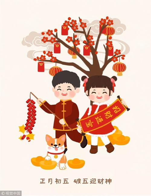 大年初五艮牛耕春.五路接财神,东西南北中,财富五路通.