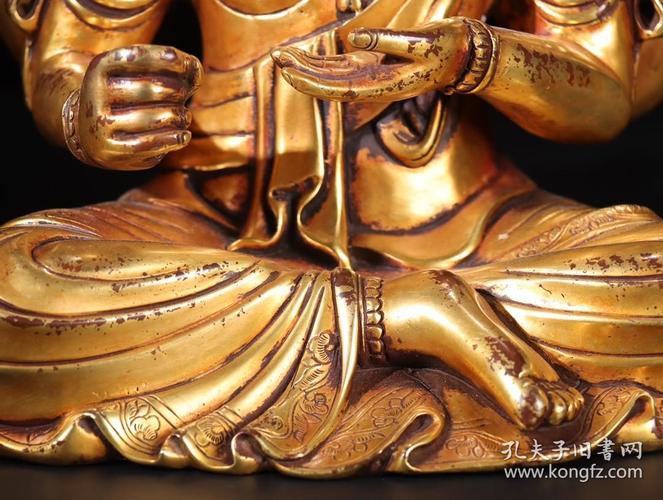 明大明宣德年制款铜鎏金四臂观音造像摆件