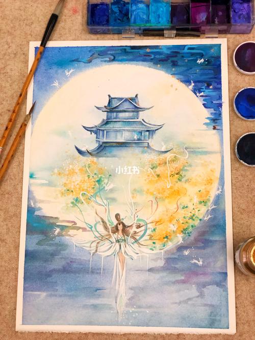 中秋水彩画|广寒宫_中秋去哪玩_水彩画_明信片_中秋节