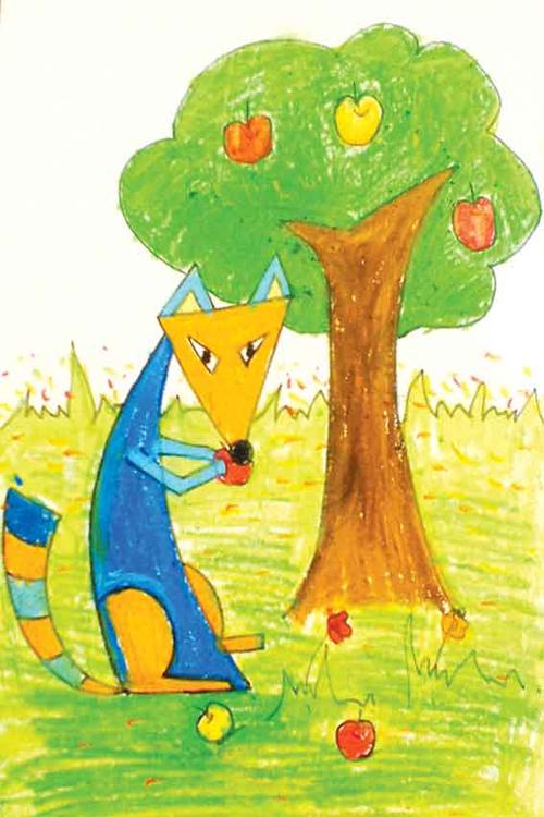 吃苹果的小狐狸_儿童画