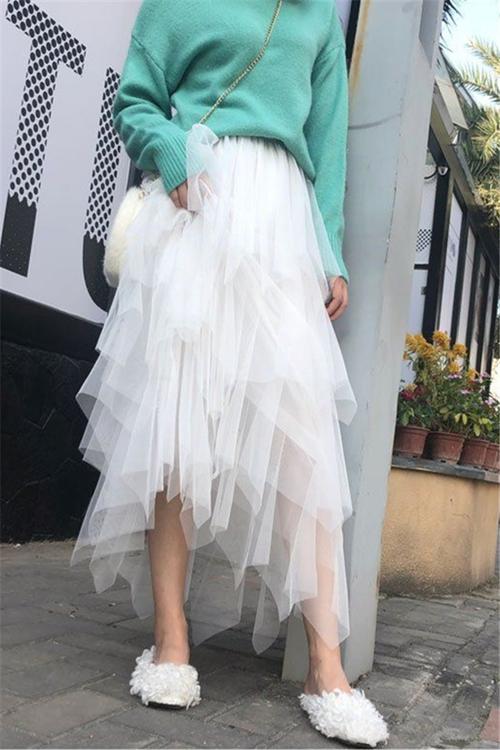 不规则纱裙层层蛋糕裙多层次女2019春夏新款半身裙子仙女网纱长裙