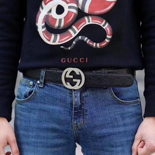gucci 古驰男士经典银色大双g扣头黑色腰带