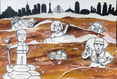 创意美术课程|抗洪救灾(附详细步骤)_郑州_创意美术_剪影_绘画_线描