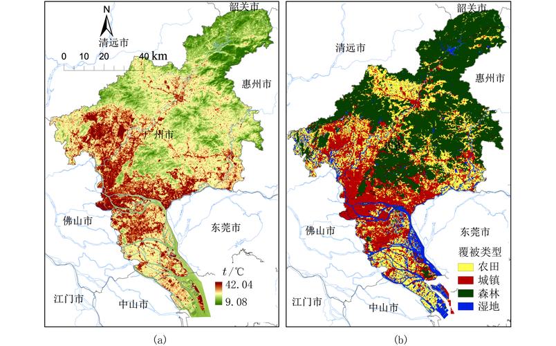 图 1         广州市地表温度(a)和土地利用类型(b)空间分布图