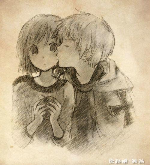 手绘铅笔画情侣卡通人物