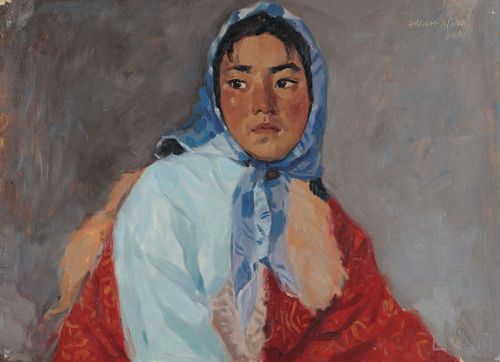 蓝头巾 39×54cm 纸板油画 1978年