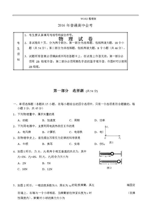 2016普通高中会考物理试卷.docx