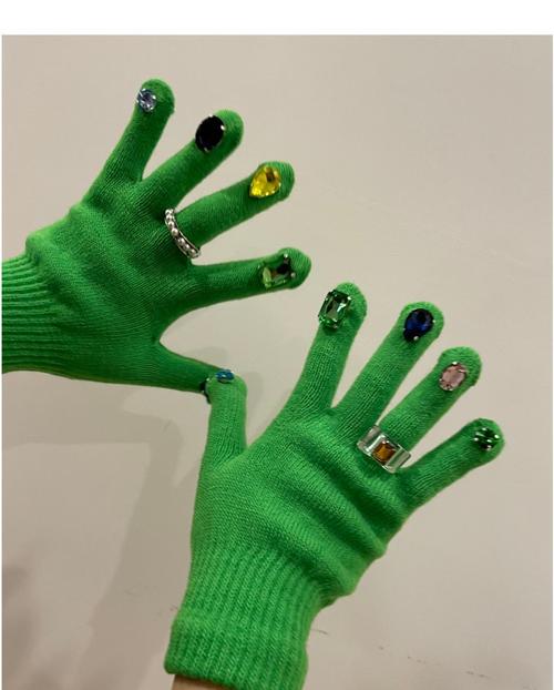绿色手套带钻针织镶钻石彩色宝石分指创意学生冬季保暖美甲手套女