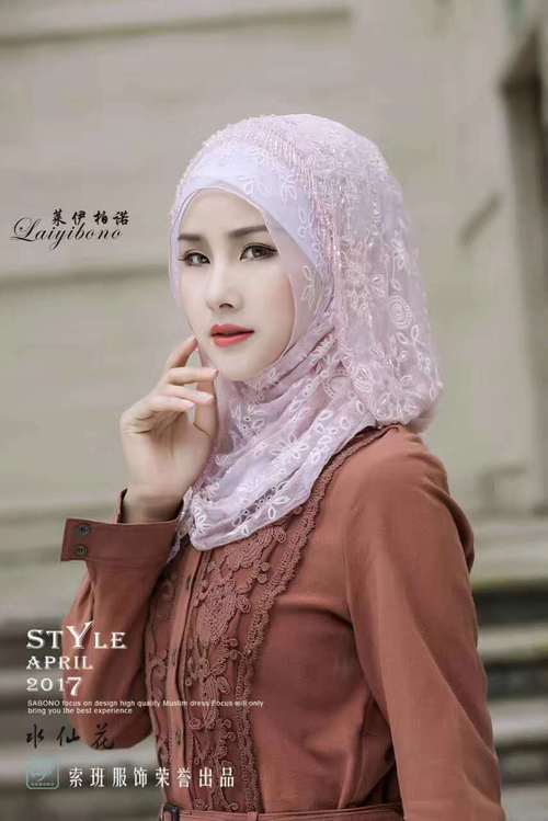 时尚新款女士手工串珠真丝头巾回族女礼拜盖头穆斯林纱巾服饰长巾