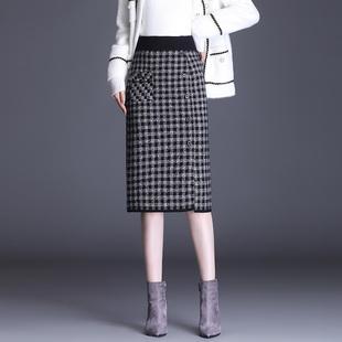 格子毛线裙女秋冬2021新款针织包臀半身裙高腰中长开叉一步裙韩版