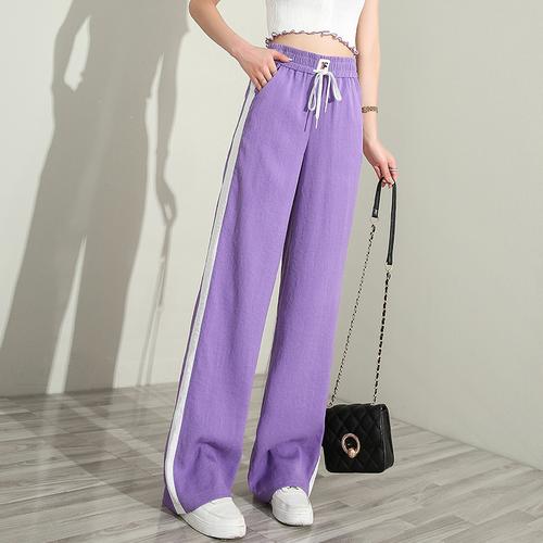 紫色运动裤女夏季薄款2021新款宽松休闲直筒拖地冰丝仙仙阔腿裤子