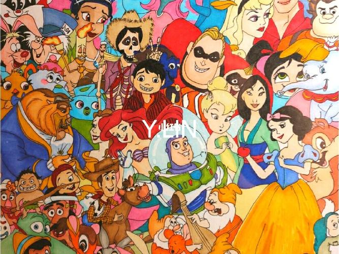 迪士尼角色大集合全家福手绘_童年_版画_全家福_手绘