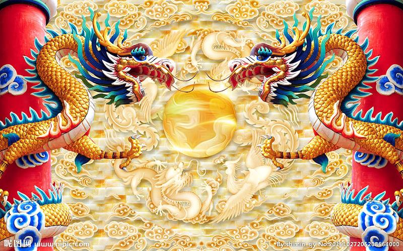 双龙戏珠中式背景墙图片