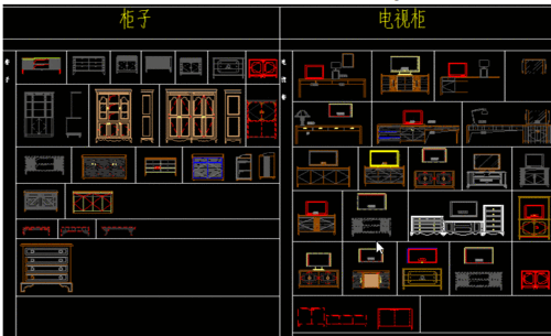 包括家具装饰,包含各类柜子,床,电视柜,电器,沙发,屏风,灯具等等图块