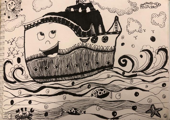 线描大船,载着童年记忆驶向人生的大海.
