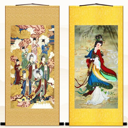 古画版碧霞元君圣像图三霄娘娘众像画像绢布国画