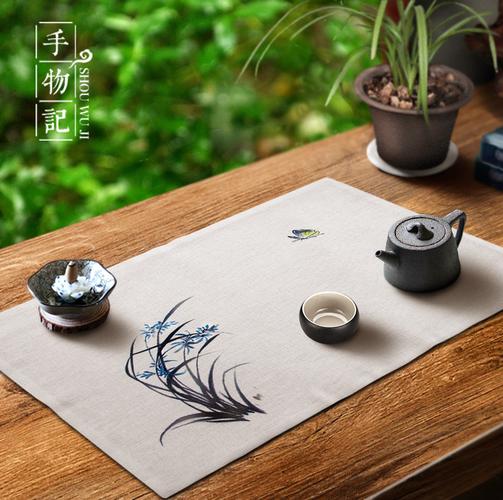 原创布艺手绘中式茶席茶配茶道香道禅意茶巾 中国风麻布布艺香席