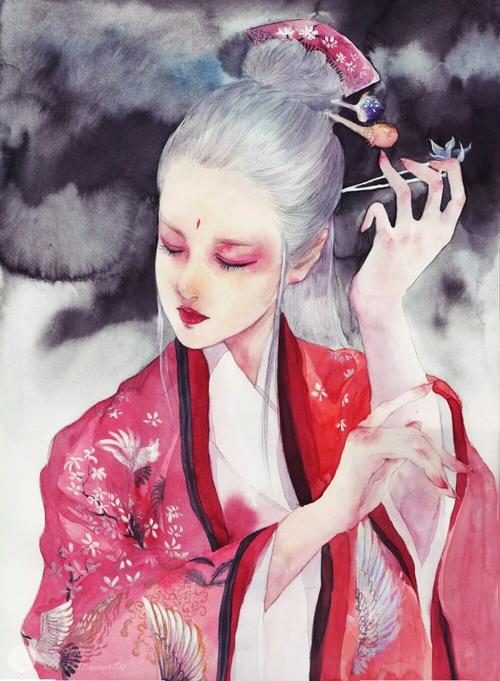 手绘古风白发女子