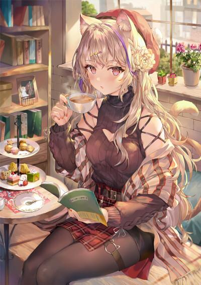 pixiv p站 萝莉 可爱 少女 棕色 二次元 动漫 茶歇 背景 治愈 插画 美