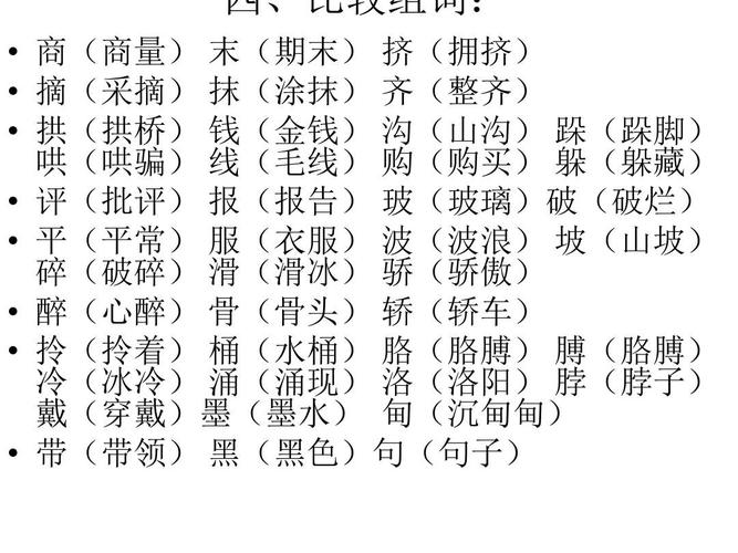 四,比较组词:   商(商量) 末(期末) 挤(拥挤)   摘(采摘) 抹(涂抹) 齐