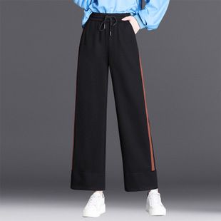 2018秋冬时尚新款百搭简约阔腿裤修身显瘦裤脚开叉长筒裤学院风女