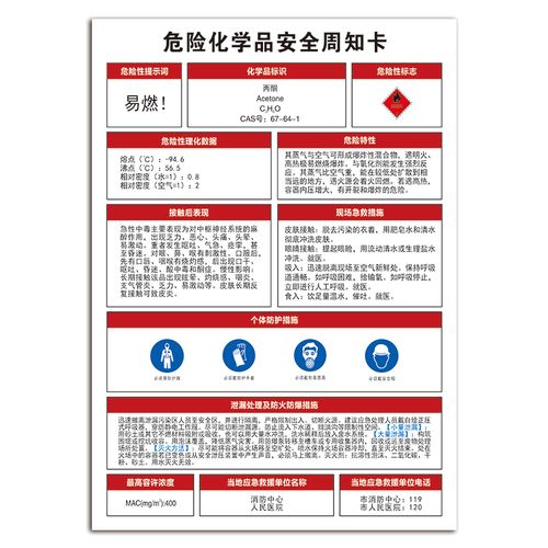 丙酮危险化学品安全周知卡标示标牌 易燃防火标志牌标识贴纸标签