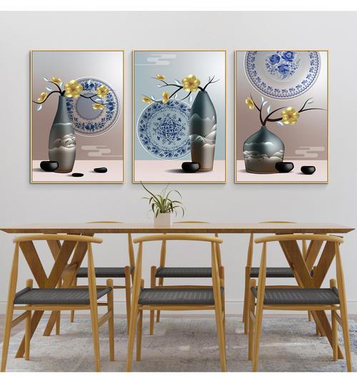 绿客 餐厅装饰画现代简约新中式书房办公室花瓶挂画北欧饭厅厨房墙