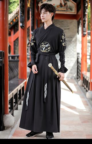 原创汉服男帅气复古武侠风男装表演戏服学生演出团服大码套装黑色