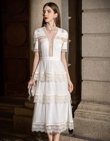 礼服裙子平时可穿生日派对聚会法式小众深v领白色蕾丝连衣裙女白色xs