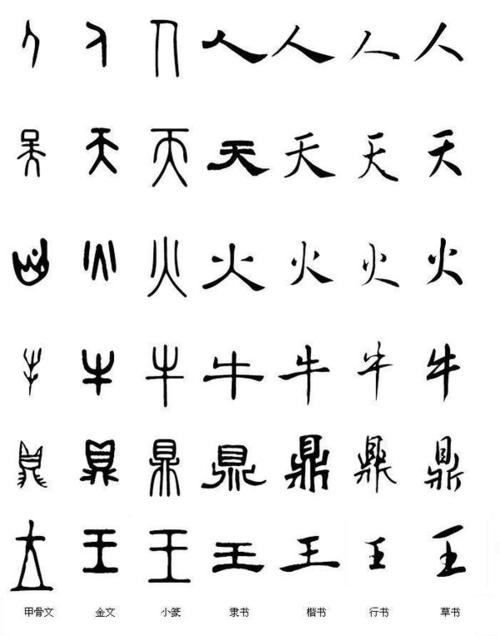 "人","天","火","牛","鼎","王"的甲骨文,金文,小篆,隶书,楷书,行书