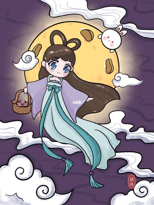 嫦娥奔月手绘 中秋节儿童画 原创插画线描_手绘_插画