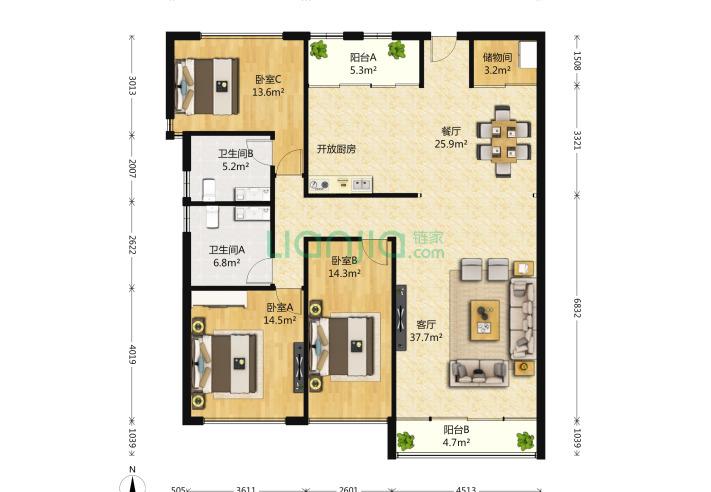 京城雅居 3室2厅2卫 178㎡ 户型